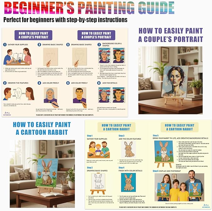 2 Pack Painting Set for Adults or Family Groups, 62 PCS Paint Sets with 2 Table Easels,24 Acrylic Paints,6 Pre-Drawn & Blank Canvases for Painting,24 Brushes,2 Pencils,2 Palettes and Painting Guides