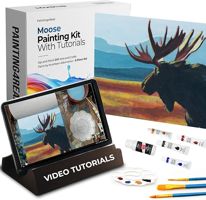 DIY Painting Class Kit for Adults with Video Tutorials: Learn to Paint Moose – How to Paint with Acrylics – Painting & Art Supplies – 9 Piece Acrylic Paint Set