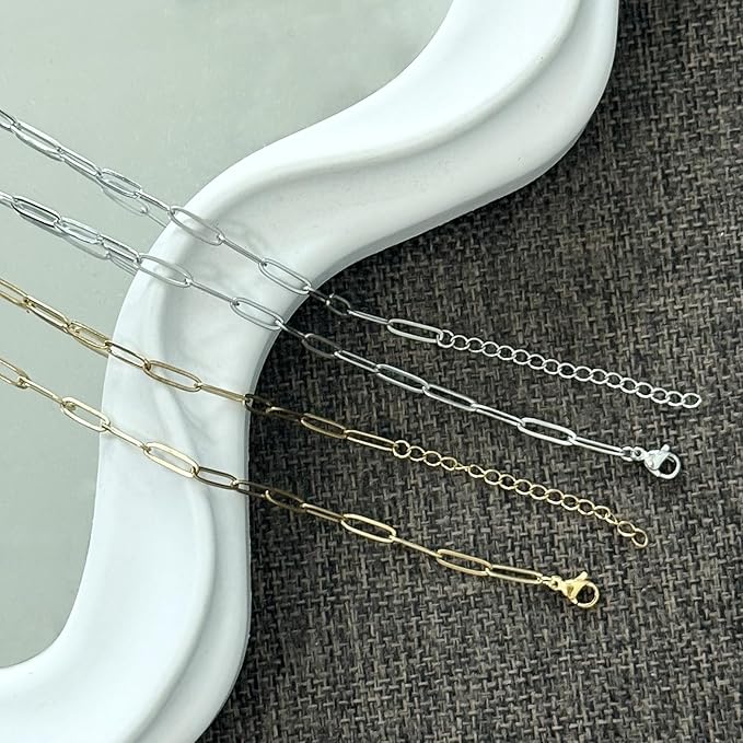 Exway 20 Pcs Paperclip Charm Bracelets Chain 6.5 Inch Stainless Steel Gold and Sliver Chain Bracelets Kit with Lobster Clasps for Crafts DIY Women Jewelry Making