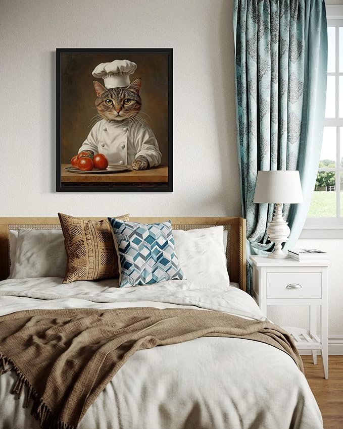 Chef Portrait Art Poster Print, Cat Kitten Painting Humor Portrait Pet Artwork Decor Gallery A8 (Chef, 16 x 20 inches, Black Frame)