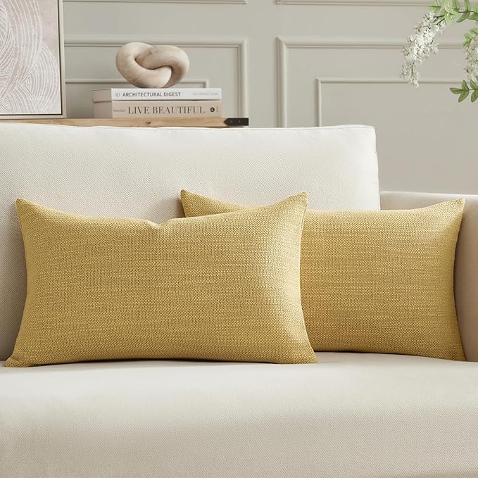Meekio Set of 2 Linen Look Mustard Yellow Pillow Covers 12x20, Decorative Throw Pillow Covers for Couch, Sofa, Bed & Living Room Decor