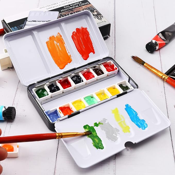 LOONENG Metal Watercolor Tin with Fold-Out Palette, Small Tray Palette with 14 Empty Half Pans for Plein Air, Acrylic and Oil Painting