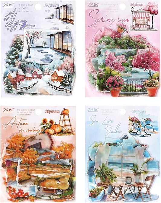 80 Pieces Vintage Travel Seasonal Themed Landscape Stickers, Large Size Transperant PET Scrapbook Stickers for Journals, Crafting, Art Projects, Phone Case, Laptop, Journal Album Decoration
