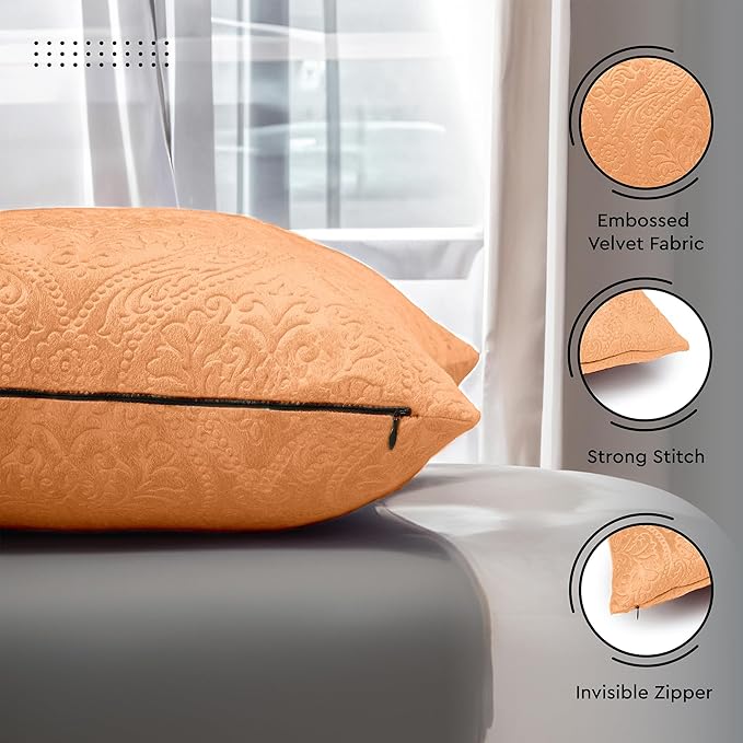 Encasa XO Luxury Embossed Velvet Throw Pillow Covers - Plush Cushion Covers for Elegant Living Rooms & Bedrooms, Machine Washable, 24"x24" Peach | Set of 2 | Covers Only No Insert