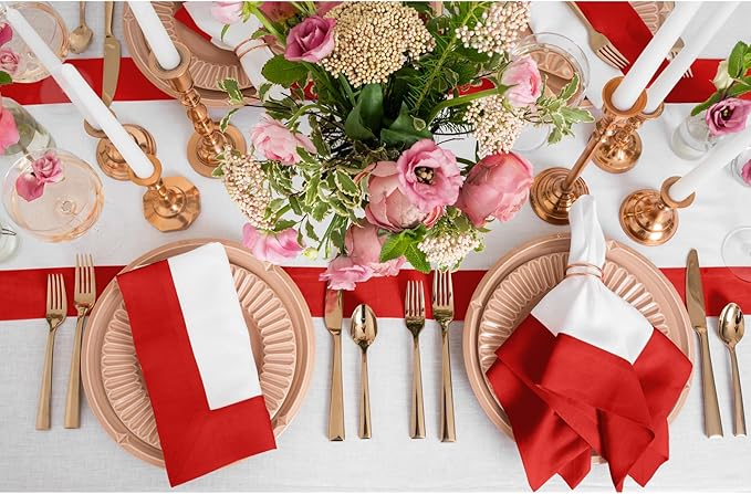 Solino Home Linen Table Runner 72 Inches Long - 100% Pure Linen Red and White Dining Table Runner 14 x 72 Inch for Valentines, Winter - Contempo