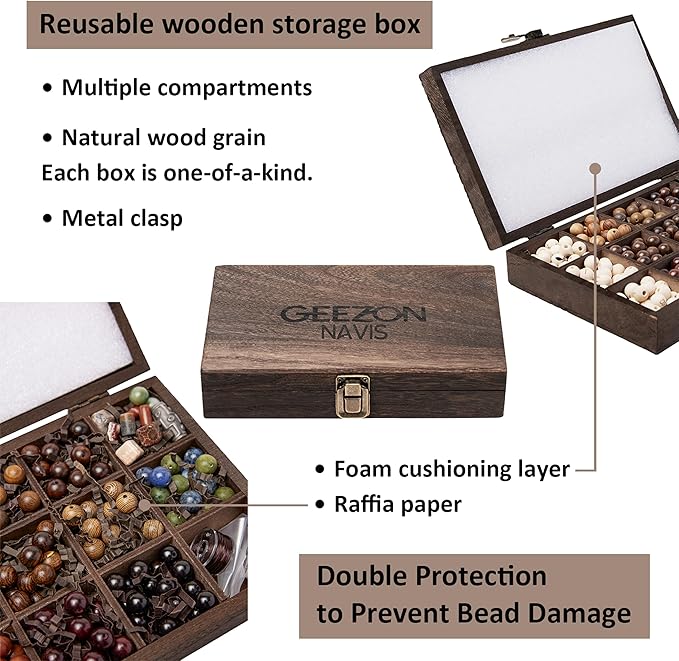 Geezon Navis Bracelet Making Kit - 10mm Natural Wooden Beads with Letters & Stone Beads - 296pcs in 16 Colors - DIY Jewelry Making Starter Kit Adult Men Women Birthday Gift Craft