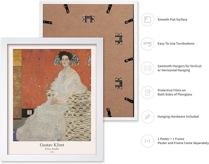 Poster Master Vintage Gustav Klimt Poster - Retro Fritza Riedler Print - Art Nouveau - Portrait Art - Symbolism Art - Aesthetic Art - Classic Painting - Living Room Decor - 16x20 White Framed