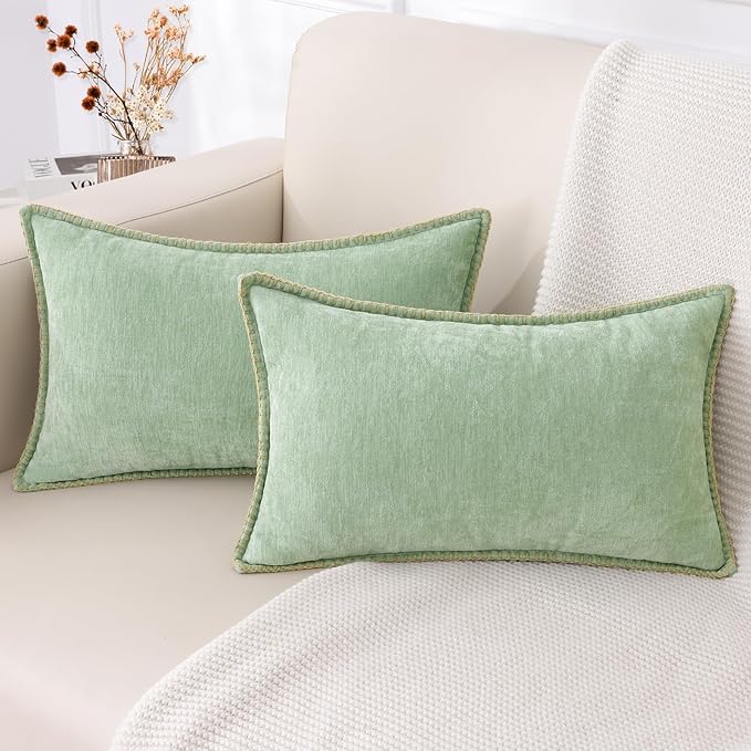 decorUhome Spring Chenille Soft Throw Pillow Covers 12x20 Set of 2, Lumbar Velvet Farmhouse Neutral Decorative Pillow Covers with Stitched Edge for Couch Sofa Bed Home Decor, Sage Green