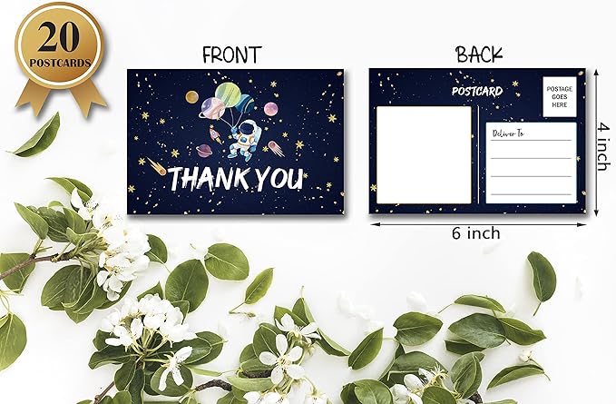Birthday Thank You Postcards, Outer Space Theme, Astronaut Rocket Ship Thank You Cards for Kids Girls Boys Birthday Party, Baby Shower Party, Set of 20 (A04)