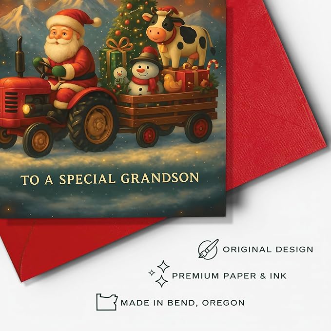 (5.3x8in) Merry Christmas to a Special Grandson Card, Santa on Tractor with Cow and Snowman, Farm-Themed Holiday Greeting Card with Christmas Tree and Gifts, Festive Card with Envelope (Xmas 42)