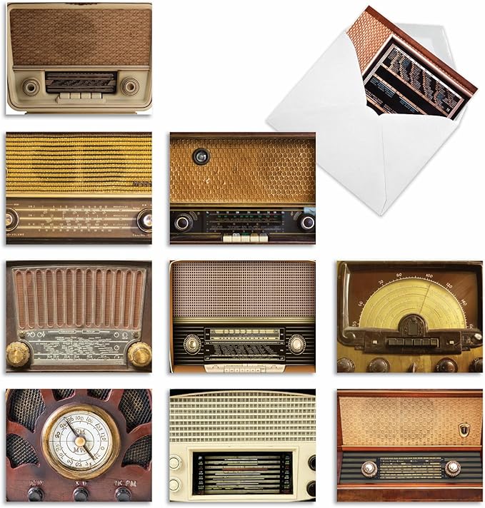The Best Card Company - 10 Fun Cards for All Occasions for Men and Women (4 x 5.12 Inch) - Boxed Assorted Notecard Set, Blank Inside - Radio Days M3086-NB