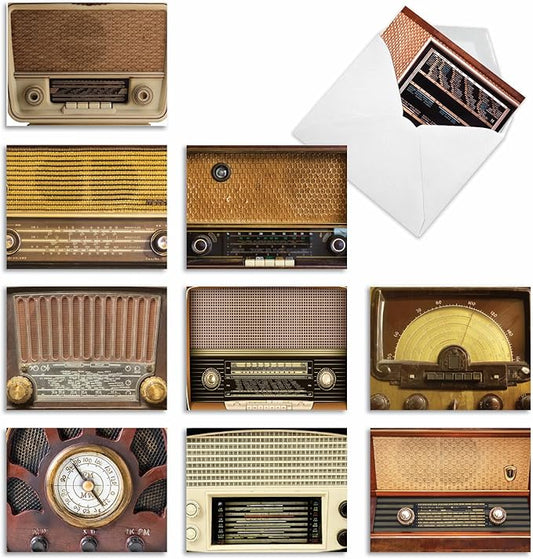 The Best Card Company - 10 Fun Cards for All Occasions for Men and Women (4 x 5.12 Inch) - Boxed Assorted Notecard Set, Blank Inside - Radio Days M3086-NB