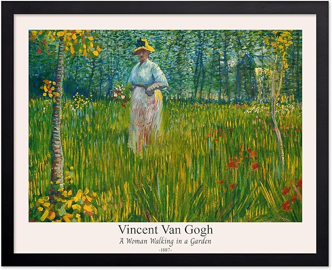 Monem Art Vintage Van Gogh Poster - Retro A Woman Walking In A Garden Print - Impressionism Art - Fine Art - Classic Painting Art - Floral Art - Bedroom or Office Decor - 16x20 Black Framed
