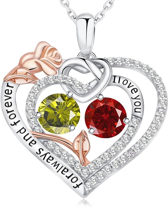 Women's Birthstone Necklace, Holiday Gift for Girlfriend, 925 Sterling Silver Heart Rose Necklace, Anniversary Birthday Gift for Wife, Daughter