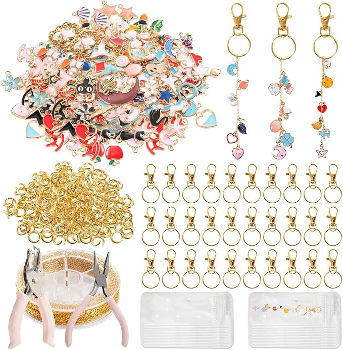 Sileasncei 358Pcs Charms Lip Gloss Keychain Making Kit, DIY Bag Charm Kit with Enamel Charms, Chains, Jewelry Pliers, Hole Punch & Gift Bags, Keychain Making Supplies for Custom Keychains Gifts