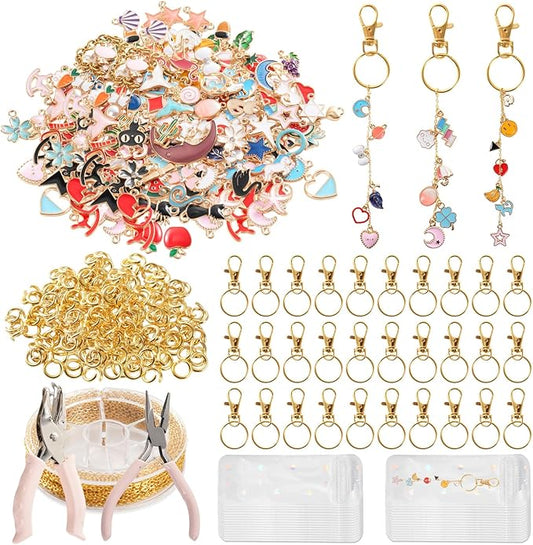 Sileasncei 358Pcs Charms Lip Gloss Keychain Making Kit, DIY Bag Charm Kit with Enamel Charms, Chains, Jewelry Pliers, Hole Punch & Gift Bags, Keychain Making Supplies for Custom Keychains Gifts