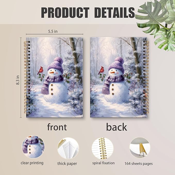 XNXLDYLH Purple Winter Christmas Snowman Notebook Journal, Vintage Spiral Notebook, Nature Woodland Journals Notebooks for Women Men, Christmas Winter Cardinal Office School Supplies Gifts, 5.5x8.3In