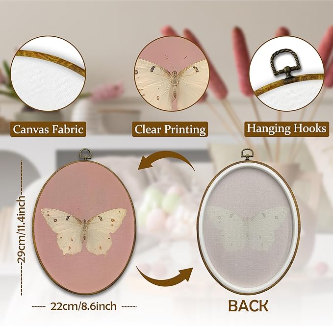 Mcehtle Vintage Butterfly Pink Wall Art Decor, Retro Cottagecore Butterfly Oval Framed Canvas Prints 8.6x11.4, Neutral Moody Farmhouse Wall Hanging Artwork Decorations for Girls Home Bedroom Living Room
