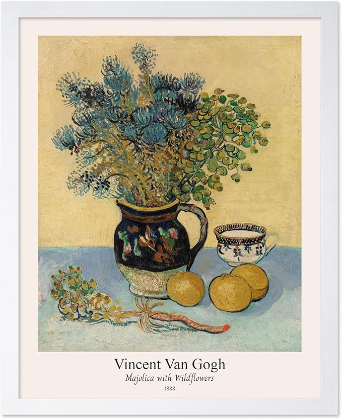 Monem Art Vintage Van Gogh Poster - Retro Majolica with Wildflowers Print - Impressionism Art - Flower Art - Fine Art - Classic Painting Art - Floral Living Room Decor - 11x14 White Framed