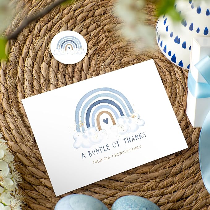 Whaline 50 Pack Blue Rainbow Thank You Cards Boxed A Bundle of Thanks from the Growing Family Note Cards with Envelope Sticker Greeting Blank Card for Birthday Baby Shower