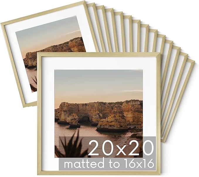 HAUS AND HUES 20x20 Gold Metal Picture Frames Matted to 16x16 - Features Premium Aluminum & Hanging Hardware, Shatterproof Plexiglass - Ideal for Home, Room, Office (20x20 in, Gold, Set of 15)