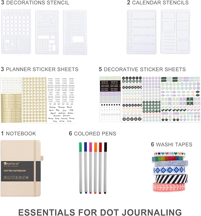 &And Per Se Bullet Dotted Journal Kit, A5 Hardcover Dotted Journaling Set (Light Apricot), 6 Fineliner Pens, 8 Sticker & 5 Stencil Sheets, 6 Washi Tapes with Giftable Box