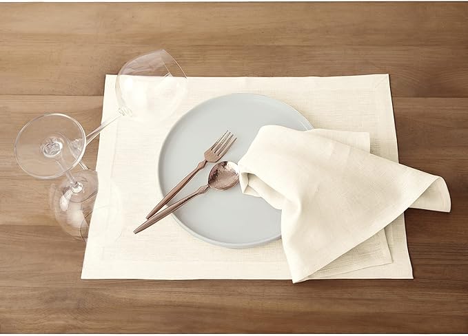 Solino Home Linen Ivory Placemats Set of 6 - 100% Pure Linen Placemats 14 x 19 Inch for Spring, Easter - Fete