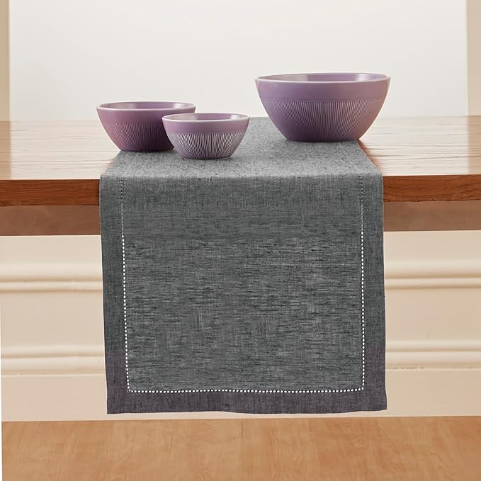 Solino Home Linen Table Runner 108 Inches Long - 100% Pure Linen Charcoal Grey Table Runner 14 x 108 Inch - Milan Hemstitch