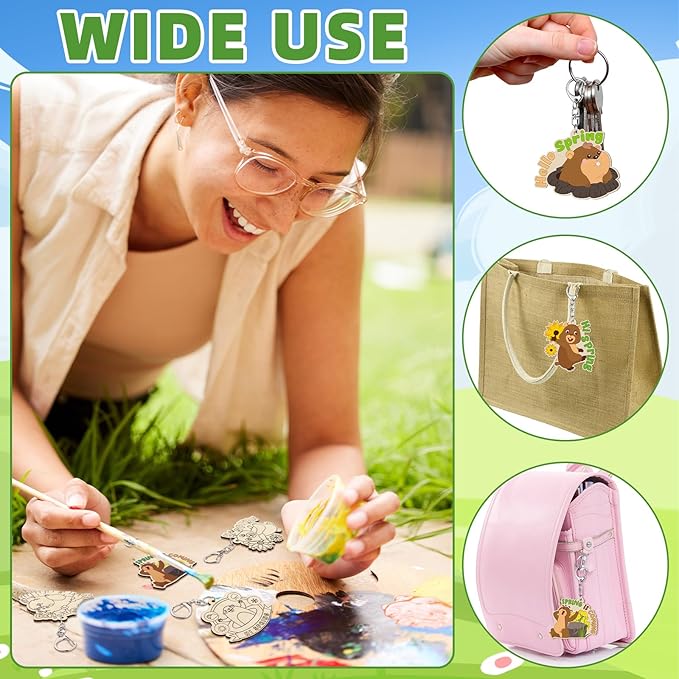 16 Pcs Groundhog Craft Kits Unfinished Crafts Color Your Own Wooden Keychains Happy Groundhog Day Gifts Make Your Own Keychain Animals Themed Party Favors for Birthday Classroom Home DIY Craft