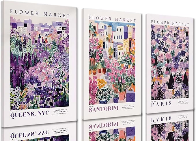 XLARTMY Flower Market Wall Art Prints Canvas Purple and Pink Floral Paintings Colorful Botanical Travel Flower Posters for Home Decor Pictures Set of 3 for Living Room Bedroom 12x16in