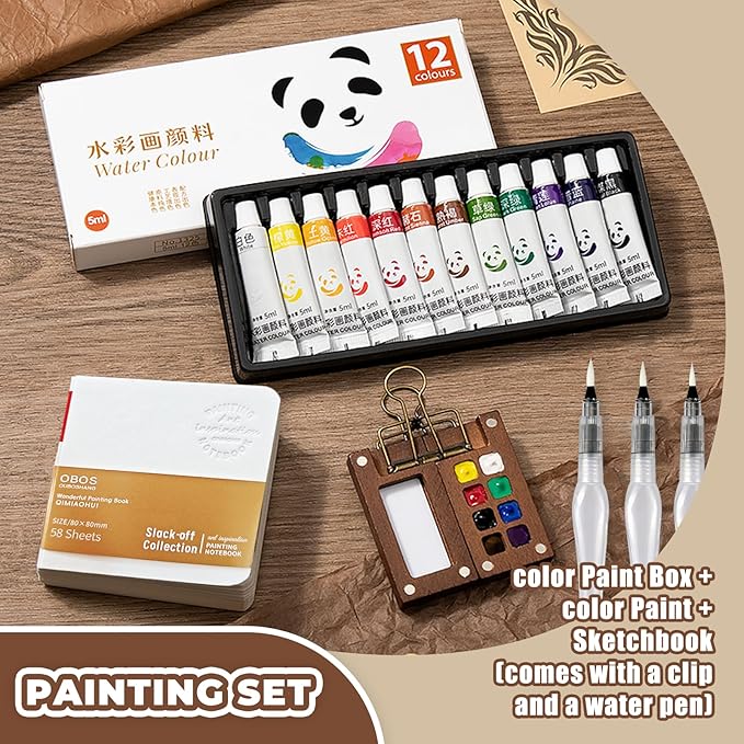 Mini Watercolor Paint Set Portable, Travel Grid Paint Palette Box with Binder Clips Include Paint, Brush*3 and Picture Album Art Materials Coloring Markers (Clear Acrylic-S)