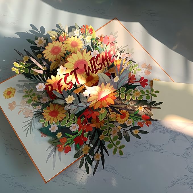 3D Bouquet Pop Up Thank you Card, Teacher Appreciation Card, Handmade Flowers Box Greeting Cards with Note and Envelope for New Year Anniversary Valentines