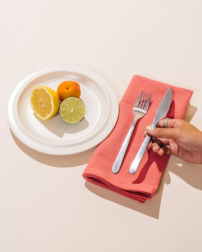 Caldo Linen Dinner Napkins - Rustic- Soft and Durable Cloth- Washable and Reusable - 4 Pack - 20x20 inch (Coral)