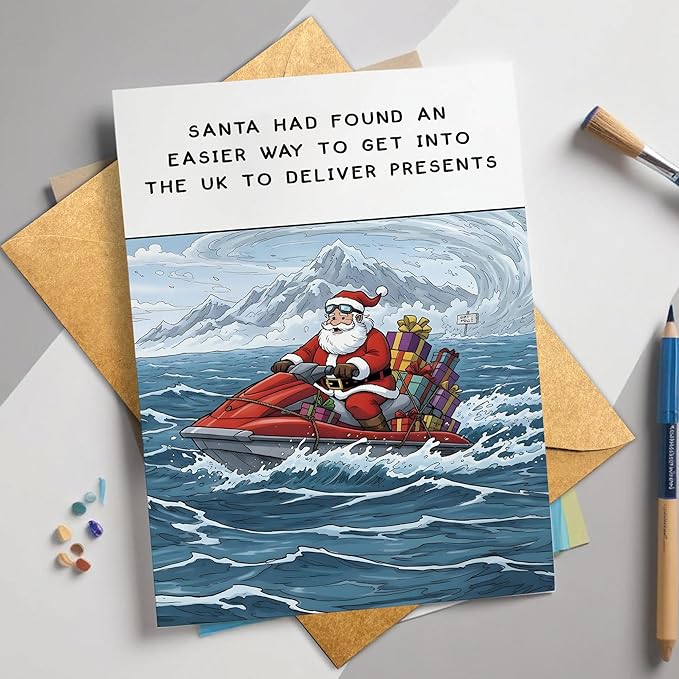(5.3x8in) Santa Found an Easier Way to Get Into the UK Christmas Card with Envelope, Funny British Holiday Greeting Featuring Jet Ski Santa, Humorous Xmas Card for Friends and Coworkers (Xmas 35)