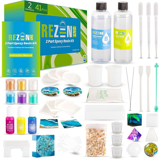 Zen247 Epoxy Resin Kit with Molds - Complete Set - Unique Resin Molds Kit with Crushed Seashells for Ornaments - Glow in The Dark Pigment