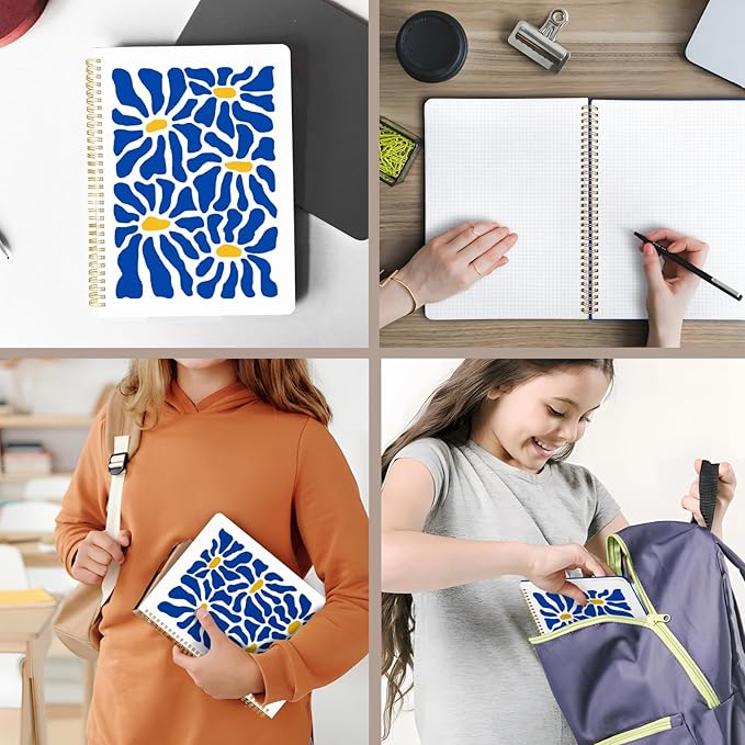 Cute Spiral Notebook journal A4 Aesthetic Pretty Design for Women Girls Kawaii with Pocket, 8.5 x 11 inch, Graph, Blue Flower