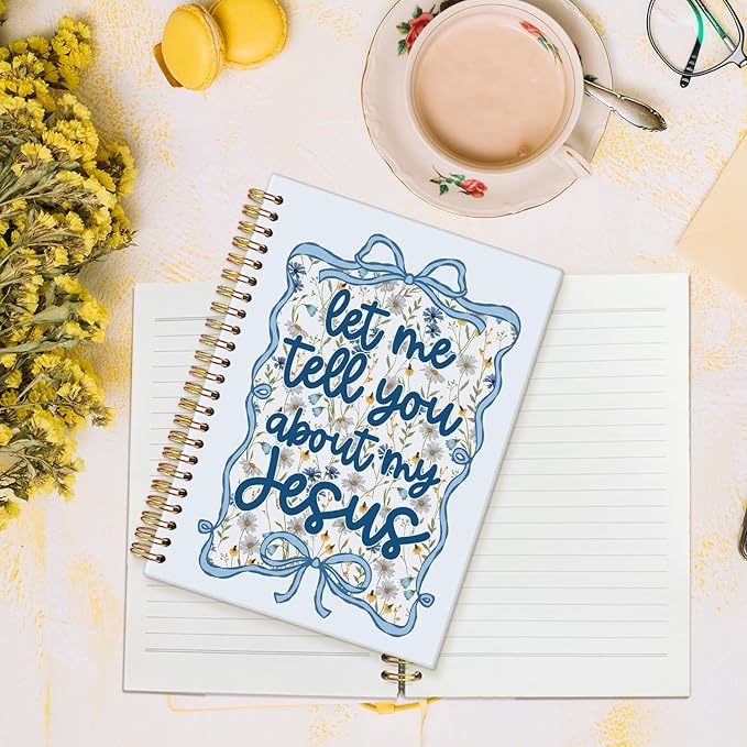 MOFUYU Coquette Blue Bow Floral Christian Notebook,Journal for Women,Coquette Blue Bow Floral Notebook, Gifts for Christian Women Men,Let Me Tell You About My Jesus,Religious Journals for Writing 5.5x8.3