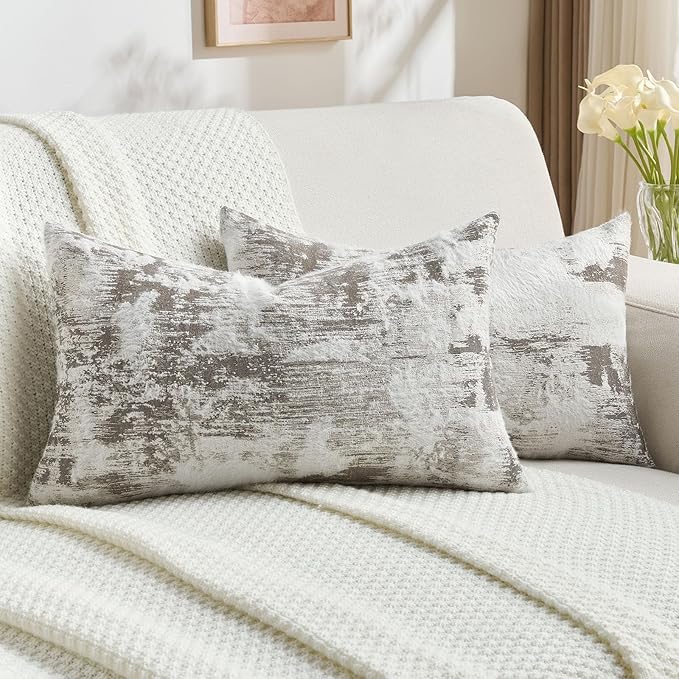 FUTEI Coffee White Decorative Throw Pillow Covers 12x20 Inch Set of 2,Jacquard Weave Pillow Case in Soft Faux Cashmere,Modern Home Decor for Couch Living Room