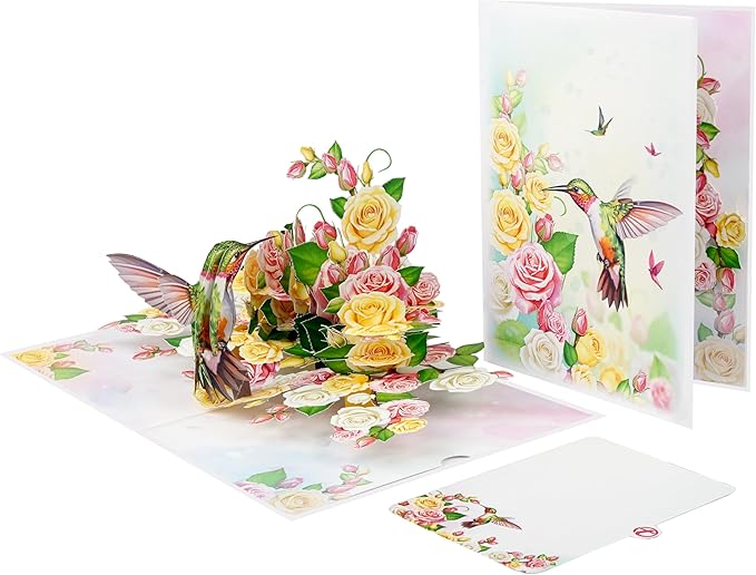 Greeting Card Green Hummingbird with Roses 3D Pop-Up Cards Handmade Birthday Flower Gift for Women, Mom, Wife, Men 6x8 Inches Aniversary Wedding Christmas Gifts Floral Thank you Envelope