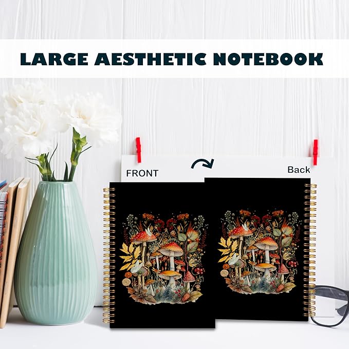 BearCake Dark Cottagecore Mushroom Notebook Journal, Mushroom Gifts for Mushroom Lovers, Witchy Notebook Journal, Witchy Gifts for Women, Mushroom Office Supplies, Hardcover Spiral Notebook 5.5x8.3