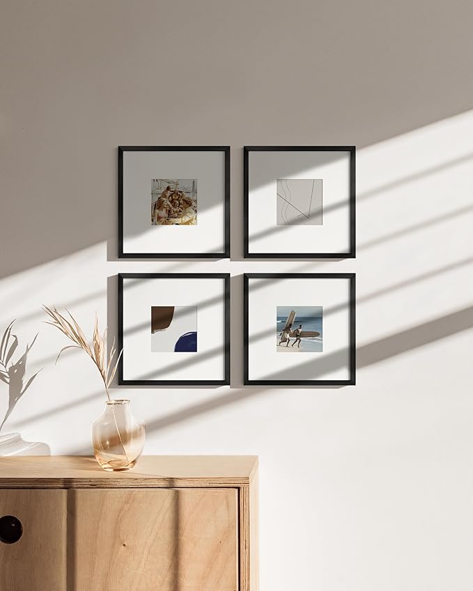 HAUS AND HUES 10x10 Black Metal Picture Frames Matted to 5x5 - Features Premium Aluminum & Hanging Hardware, Shatterproof Plexiglass - Ideal for Home, Room, Office (10x10 in, Black, Set of 4)