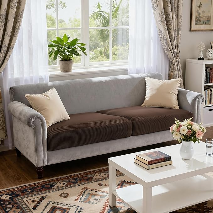CHUN YI 2 Piece Couch Cushion Covers for Sofa Seat Slipcovers Suitable with Spandex Jacquard Washable Fabric (2 Piece Sofa Cushion Covers, Chocolate)