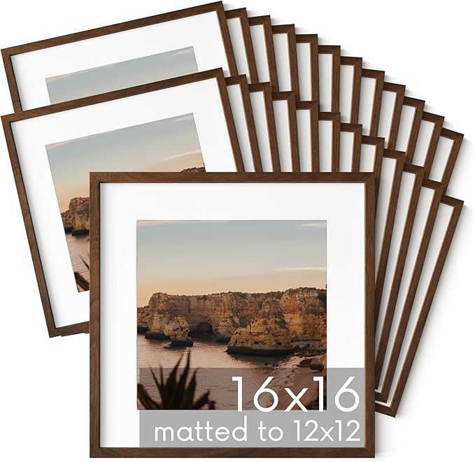 HAUS AND HUES Walnut Oak Wood 16x16 Picture Frames - Set of 25, Square Frames with Mat, Modern Frames for Posters and Wall Art (16x16 in, Walnut, Set of 25)