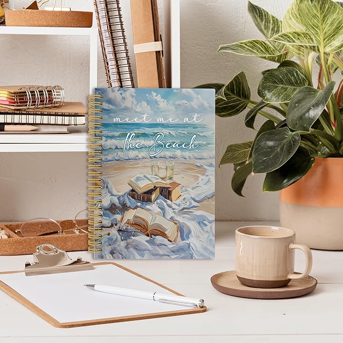 Coastal Beach Notebook, Watercolor Meet Me at the Beach Ocean Aesthetic Journal Notebooks, Ocean Themed Office School Supplies, Hardcover Spiral Notebook 5.5x8.3 Inch