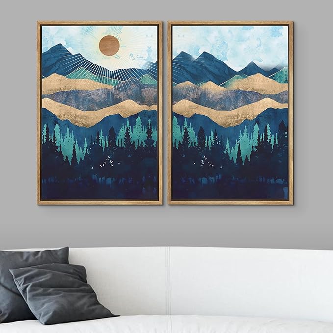 SIGNWIN Framed Canvas Print Wall Art Set Gold Blue Geometric Mountain Forest Landscape Nature Wilderness Illustrations Modern Art Scenic Colorful for Living Room, Bedroom, Office - 24"x36"x2 Natural