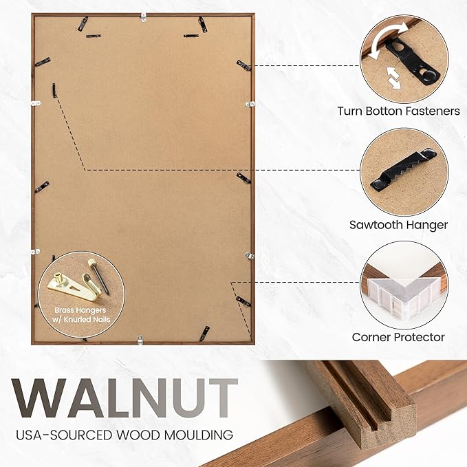 22x28 Poster Frame, USA-Sourced Natural Walnut Wood Picture Collage Frame with HD Tempered Glass, Modern Simple 22 x 28 Wooden Photo Frame Matted to 18x24, Vertical & Horizontal Wall Hanging Display