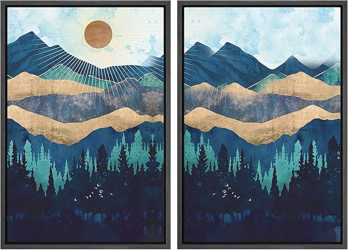 SIGNWIN Framed Canvas Print Wall Art Set Gold Blue Geometric Mountain Forest Landscape Nature Wilderness Illustrations Modern Art Scenic Colorful for Living Room, Bedroom, Office - 24"x36"x2 Black