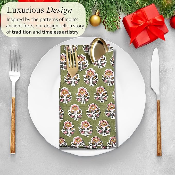 CPC Cloth Napkins 100% Cotton Set of 4 Reusable Napkins, Indian Block Print Toile Floral Dinner Napkin, Fall Thanksgiving Christmas Holiday Party Gift - Soft Absorbent Napkin, 18"x18" Jade Green