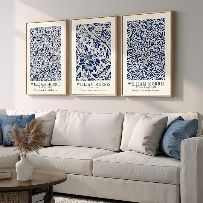 Framed Large Blue William Morris Wall Art Set of 3, Vintage Botanical Floral Canvas Wall Decor Painting, Farmhouse Aesthetic Artwork Prints for Living Room, Bedroom, Hallway, Office, Total Size 30x60