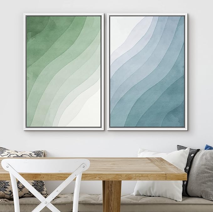 SIGNWIN Framed Canvas Print Wall Art Set Pastel Watercolor Green Blue Wave Collage Abstract Shapes Illustrations Modern Art Minimal Boho Colorful for Living Room, Bedroom, Office - 24"x36"x2 White